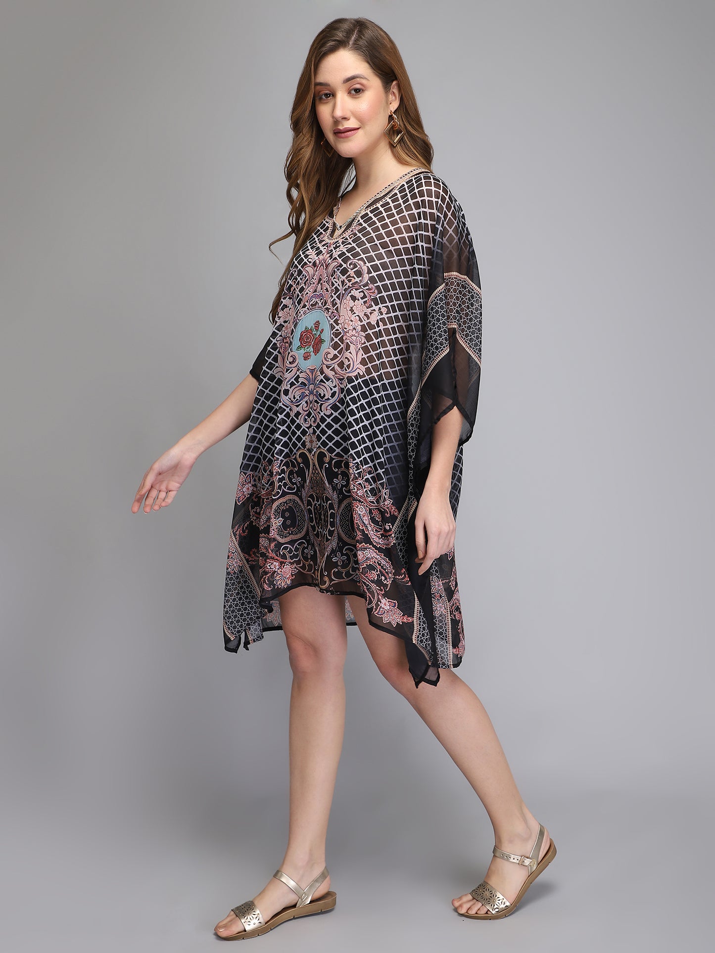 Black printed free size kaftan