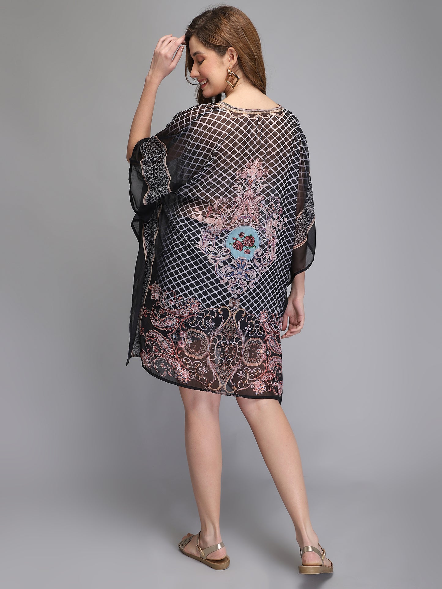 Black printed free size kaftan