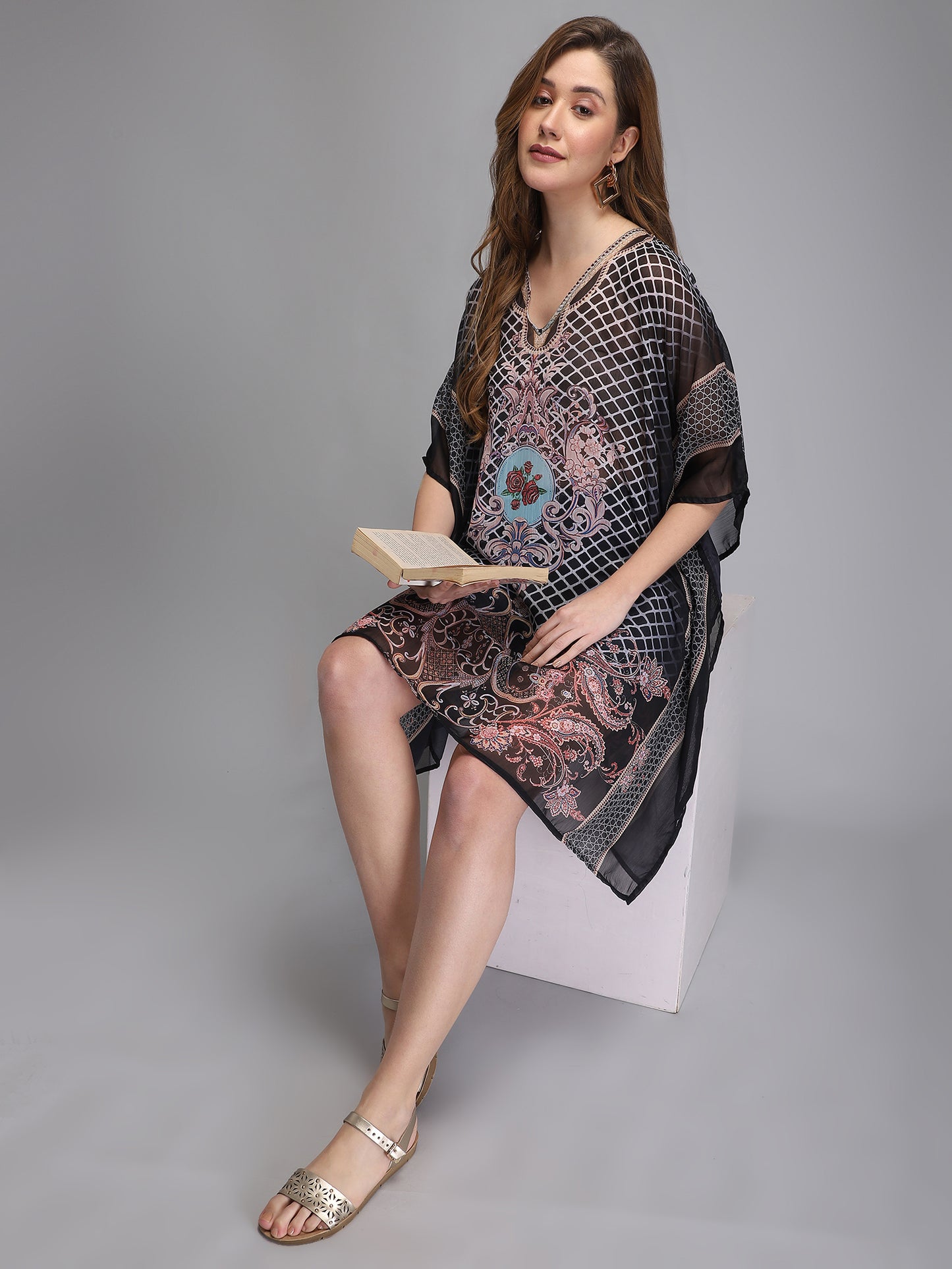 Black printed free size kaftan