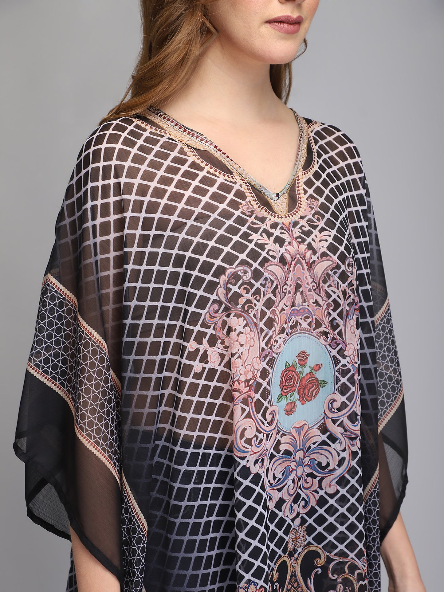 Black printed free size kaftan