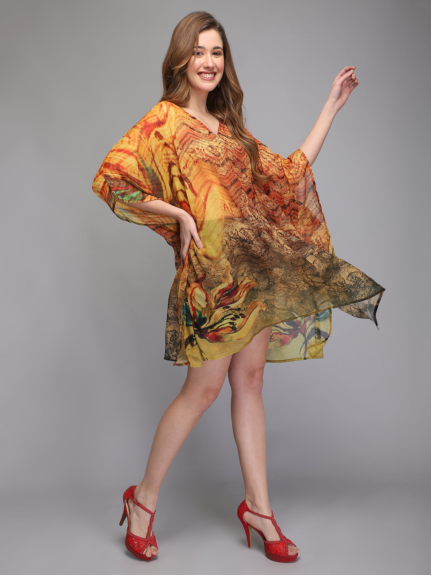 Orange printed polyester kaftan