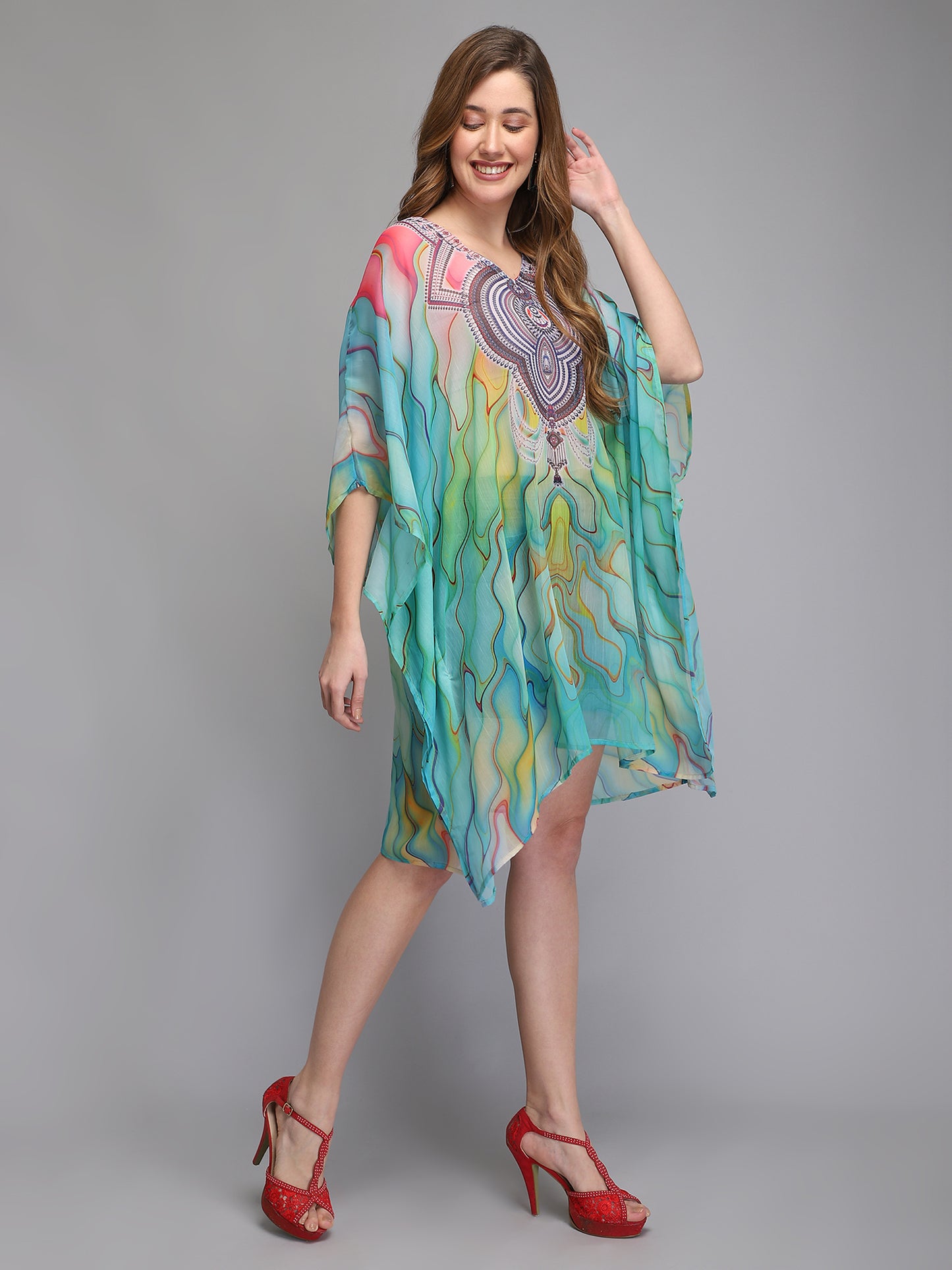 Green printed polyester kaftan
