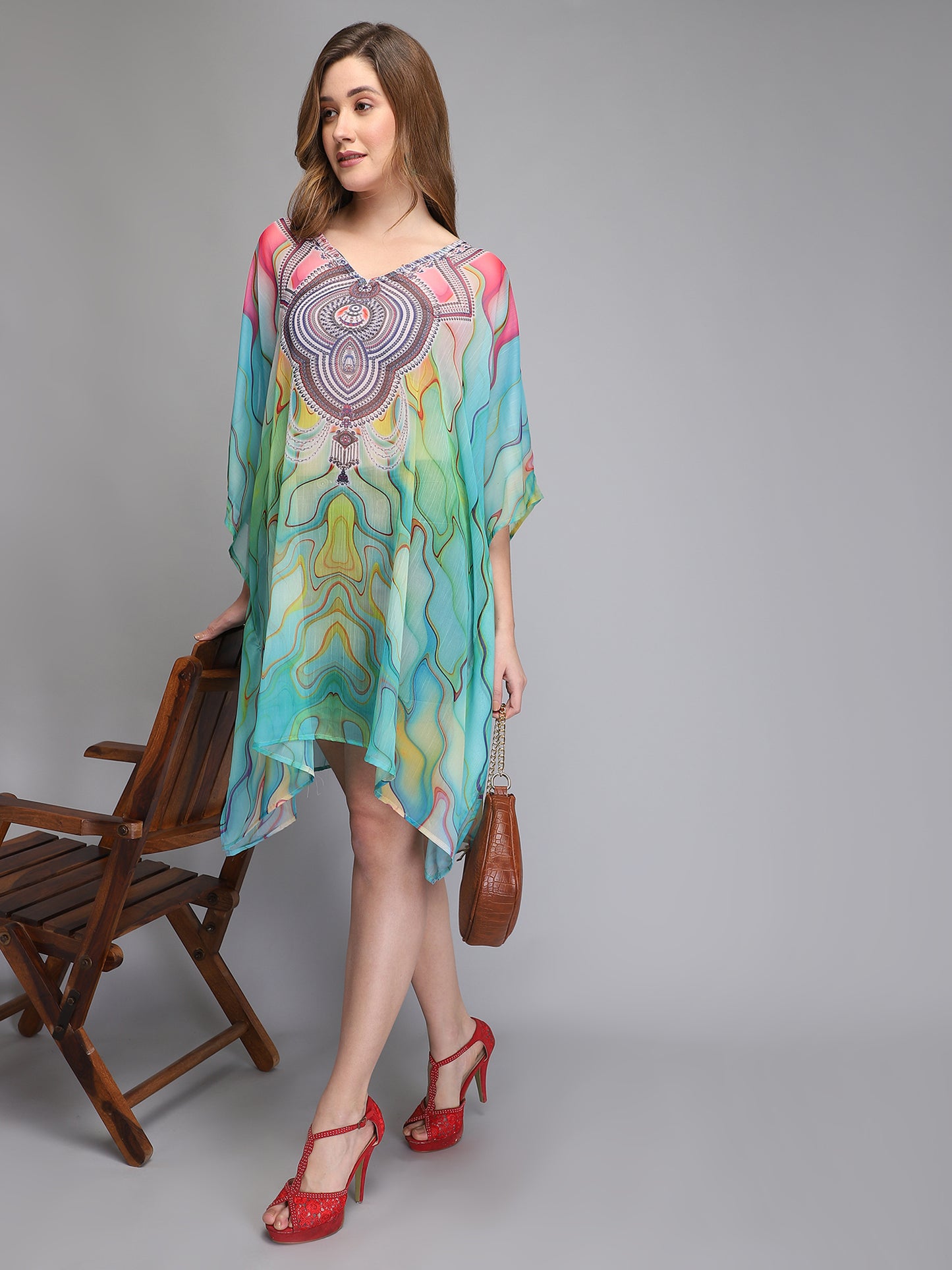 Green printed polyester kaftan