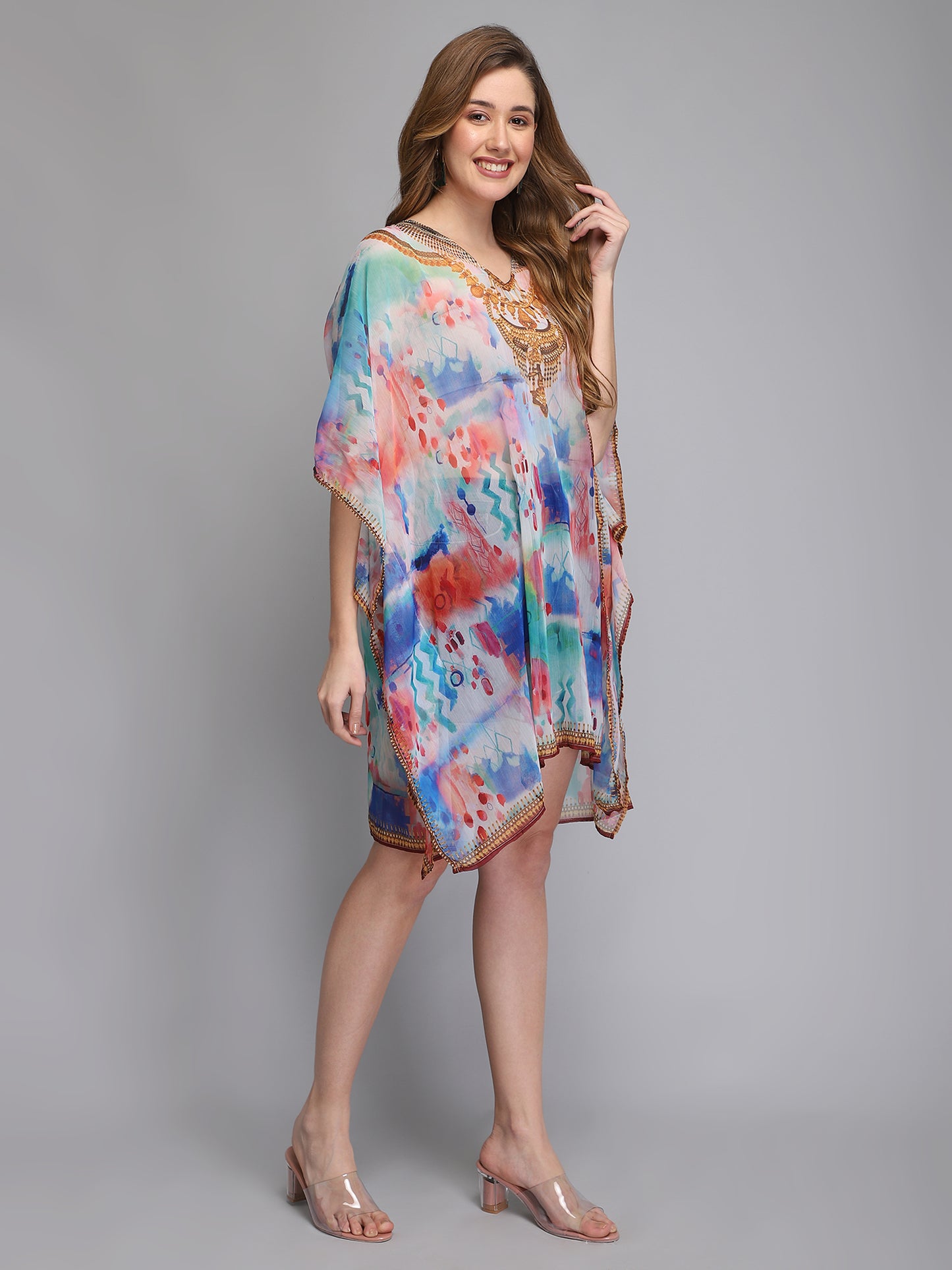 Multicolor V-Neck Polyester Kaftan