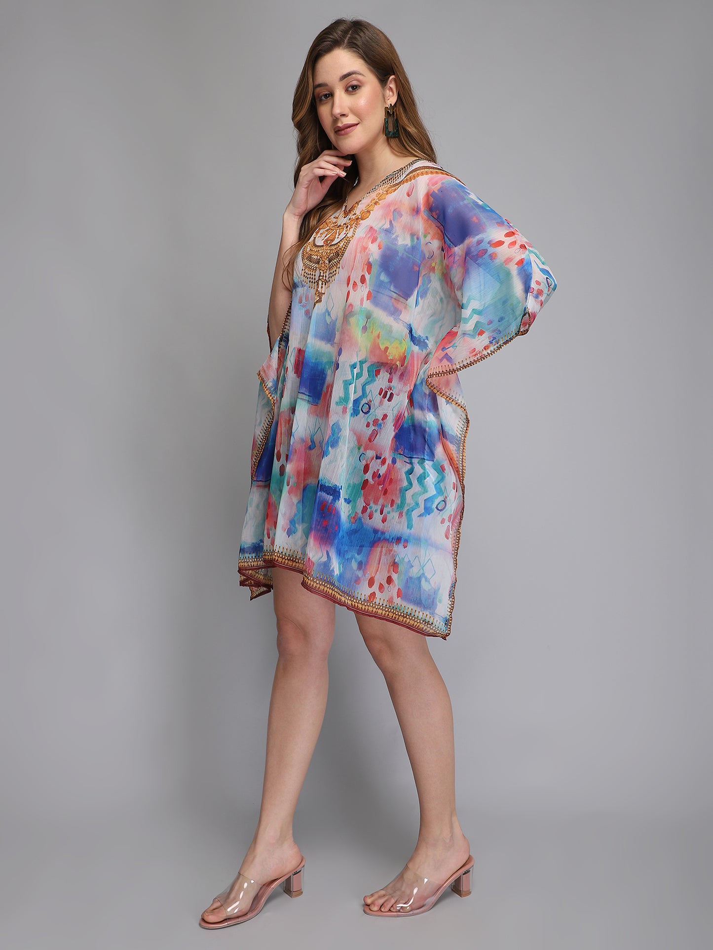Multicolor V-Neck Polyester Kaftan