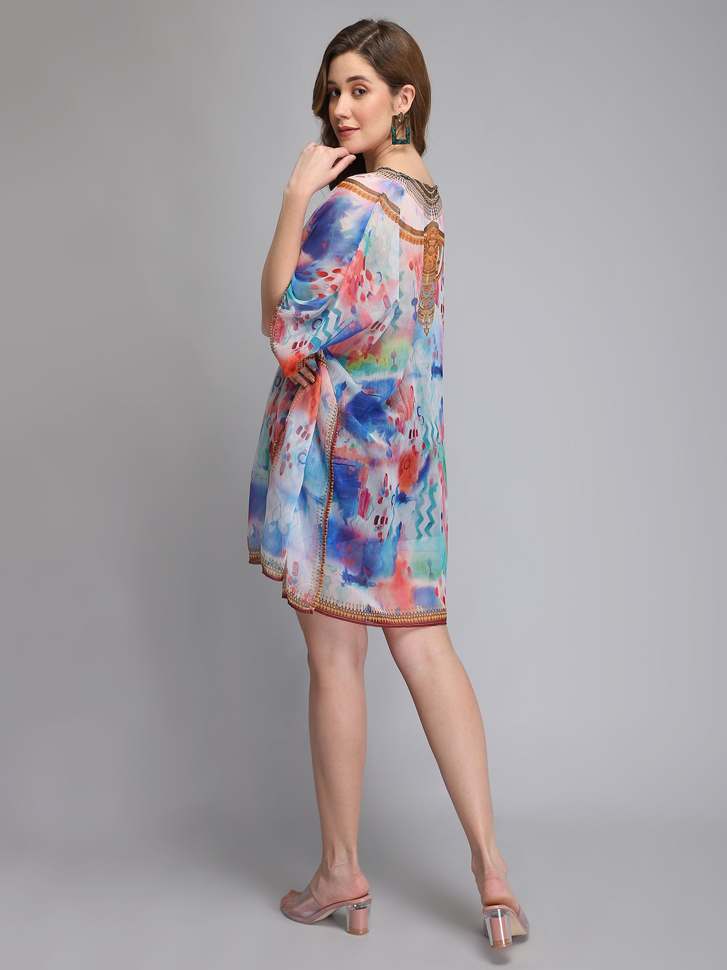 Multicolor V-Neck Polyester Kaftan