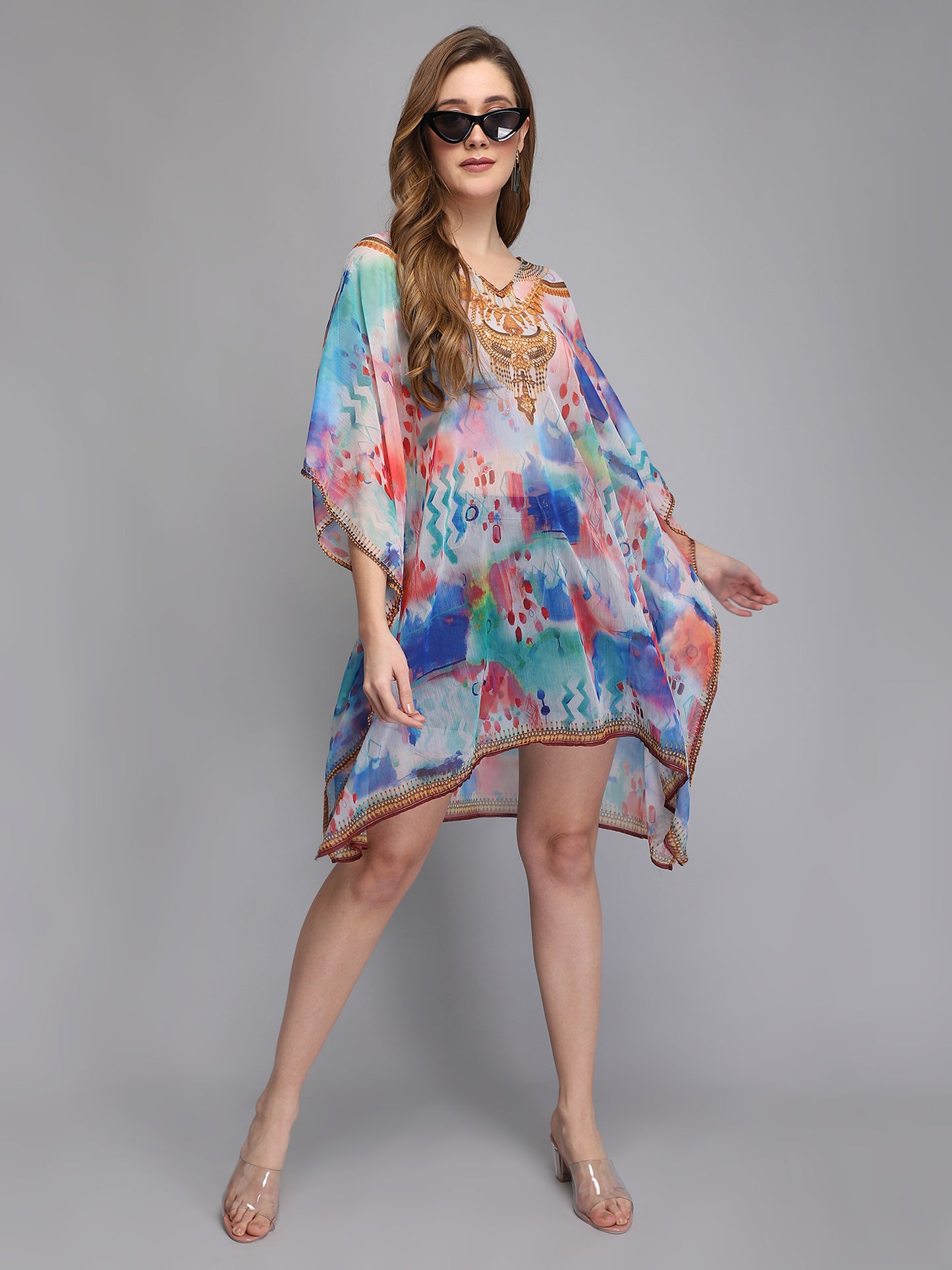 Multicolor V-Neck Polyester Kaftan