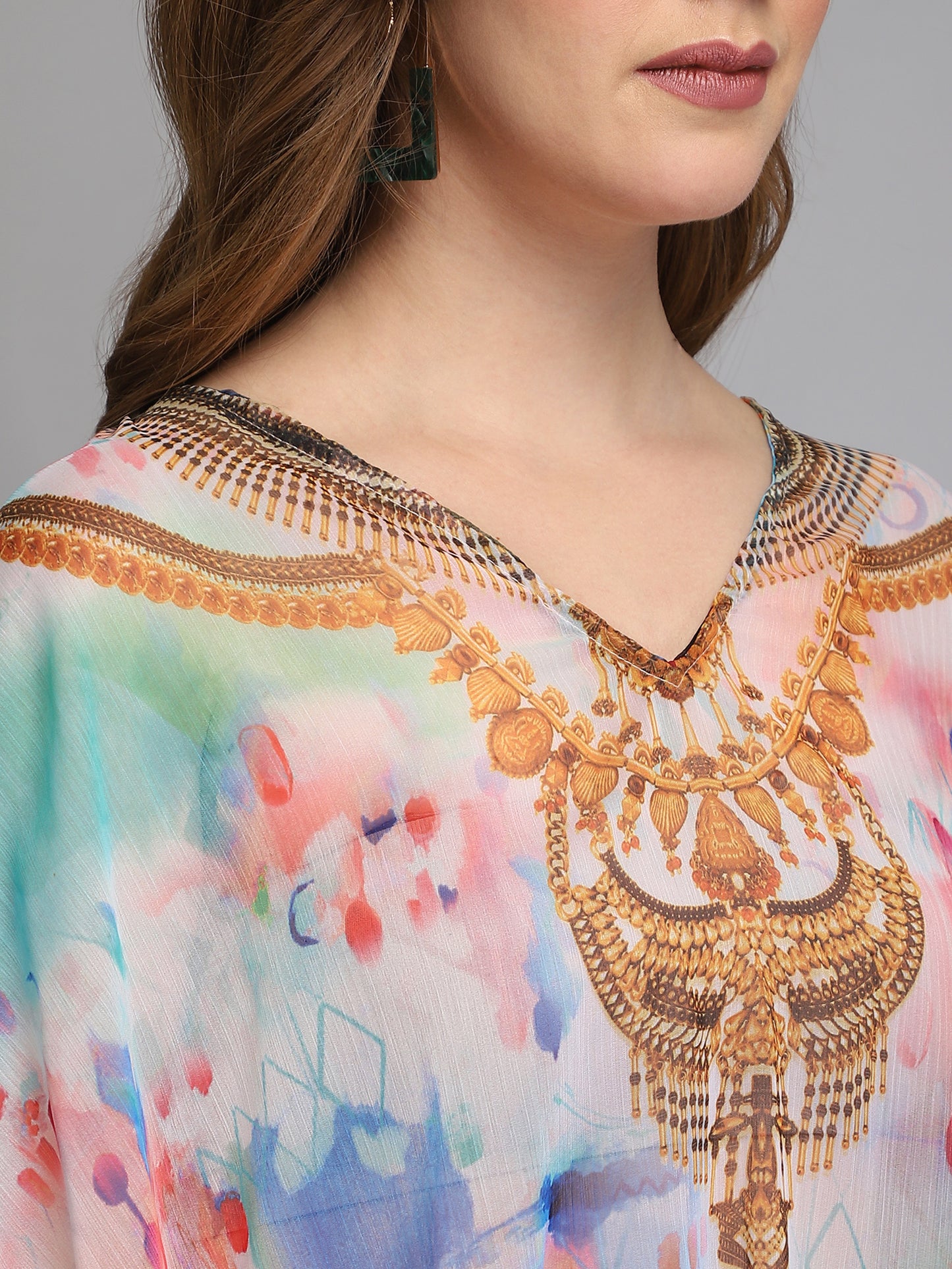 Multicolor V-Neck Polyester Kaftan
