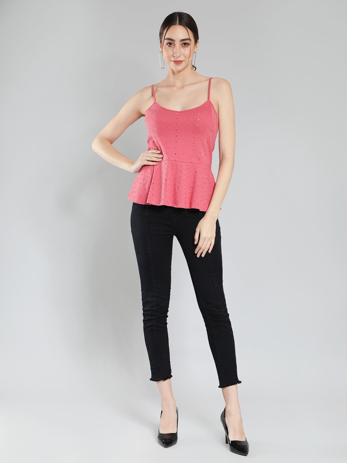 Pink schiffli linen blend top