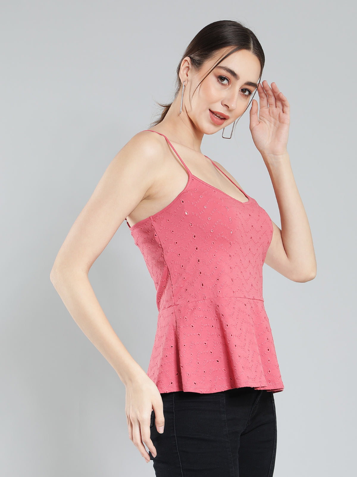 Pink schiffli linen blend top