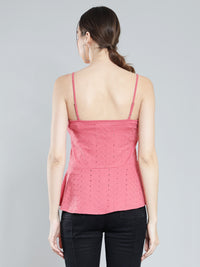 Pink schiffli linen blend top