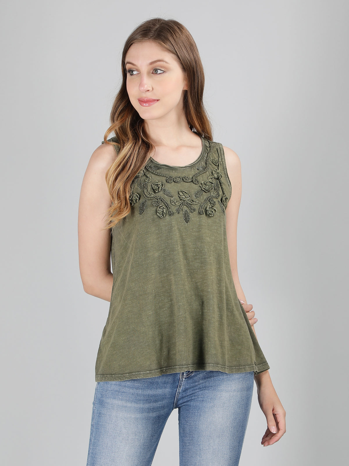 Olive green applique viscose top
