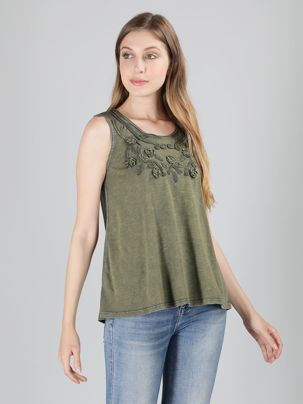 Olive green applique viscose top
