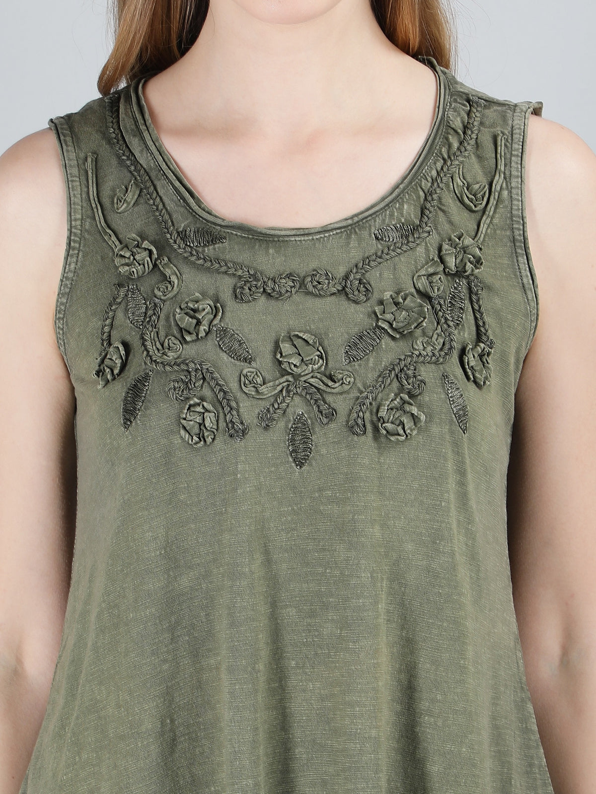 Olive green applique viscose top