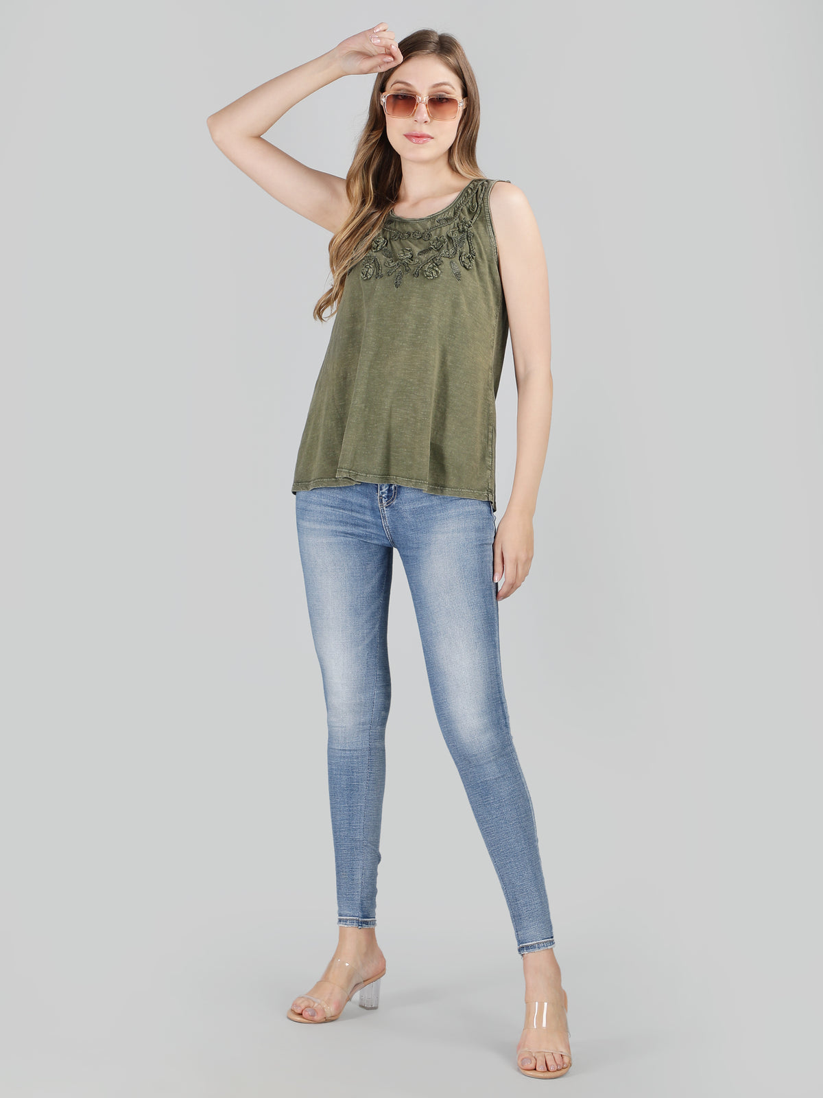 Olive green applique viscose top