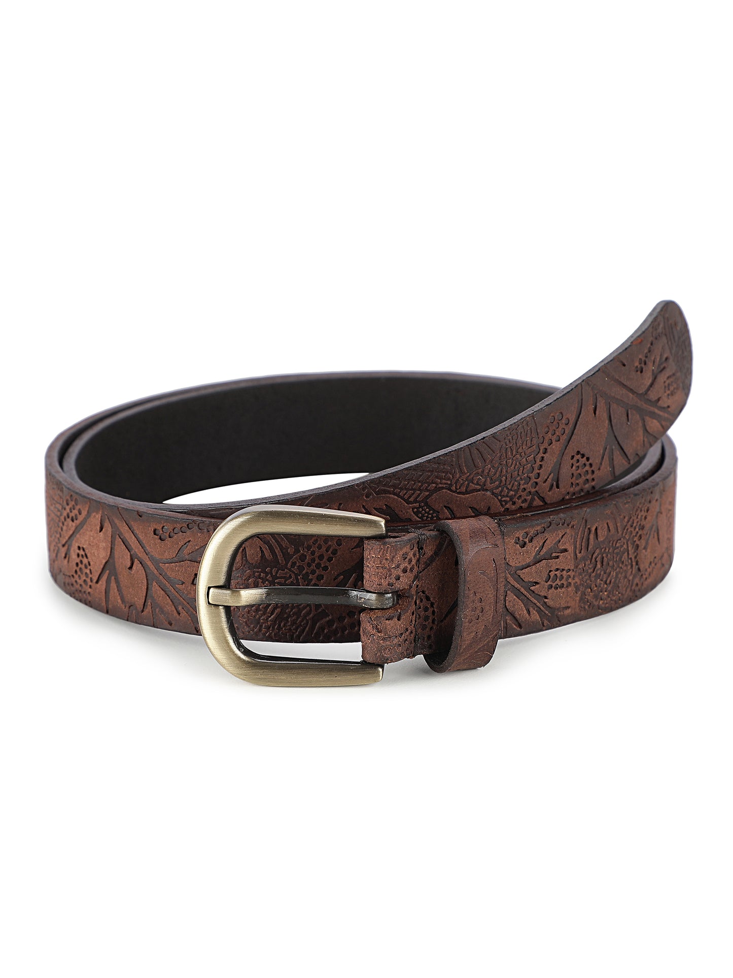 Brown shantiniketan batik pattern embossed belt
