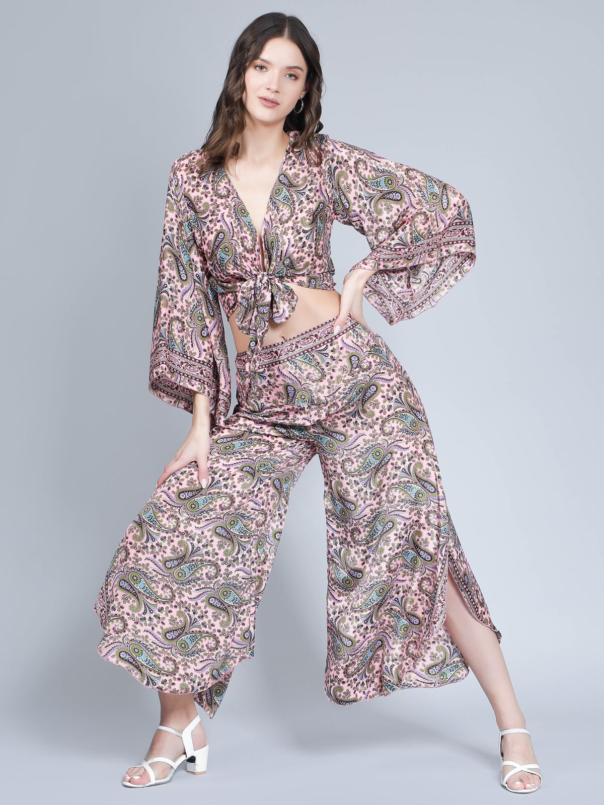 Women Printed Tie Front Top and Palazzo Pant Co-ord Set