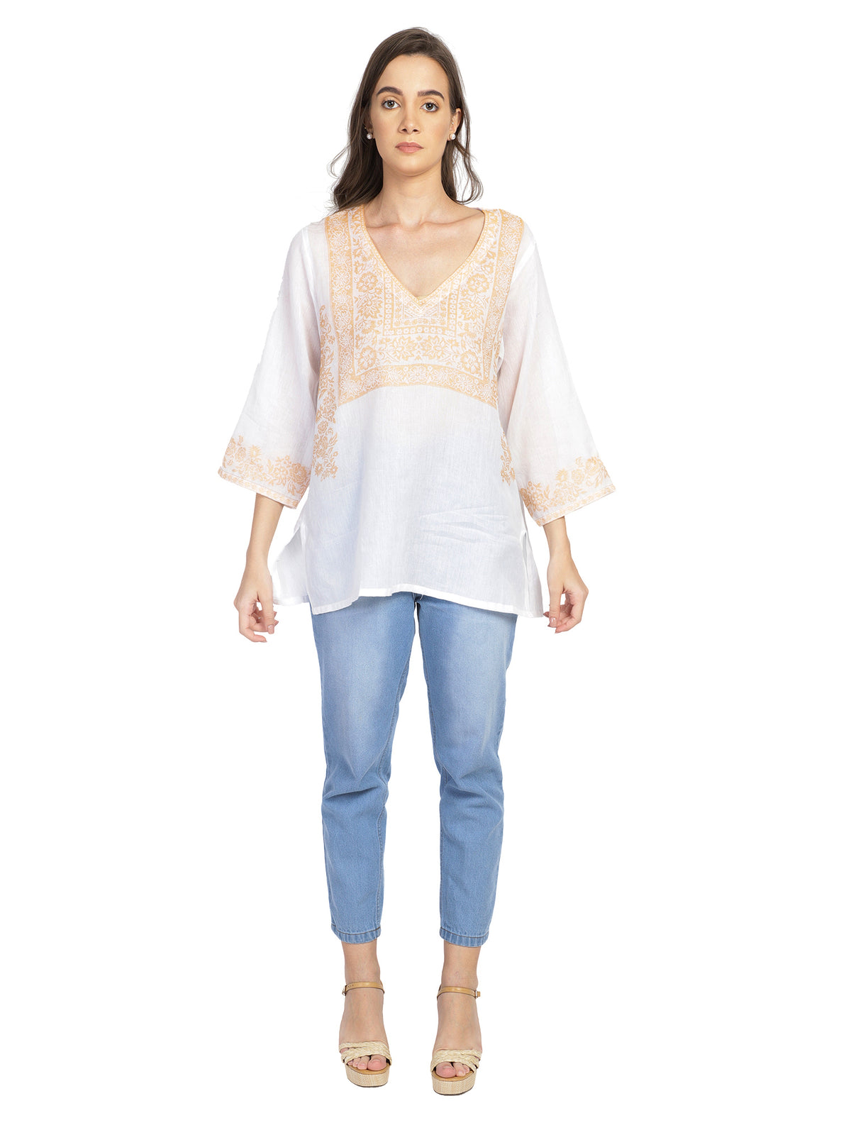 Embroidered white semi-sheer cotton tunic