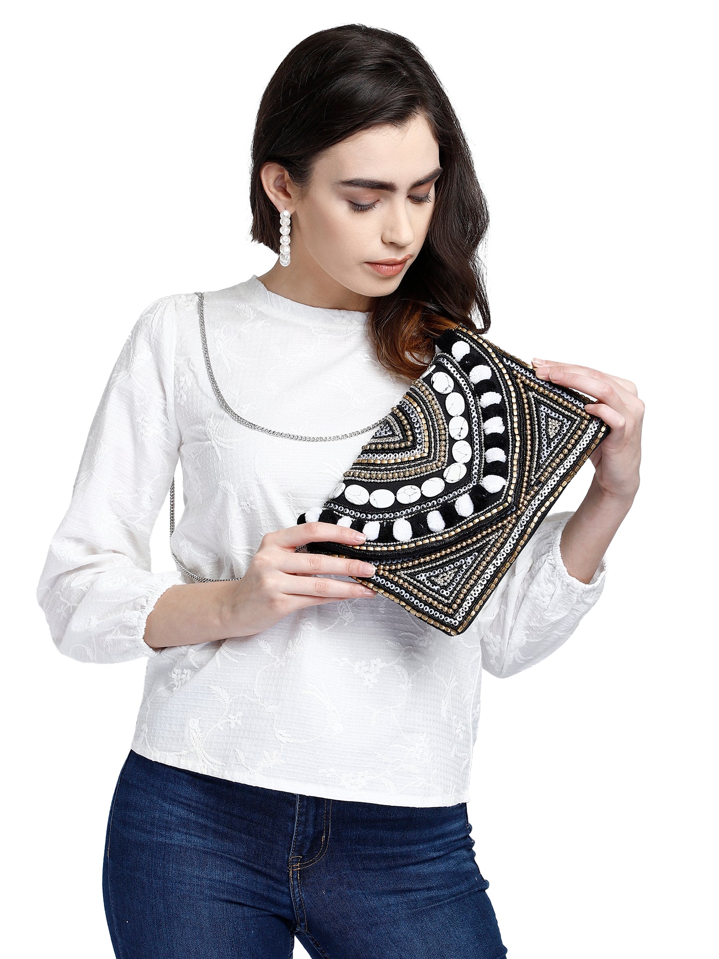 Embroidered White and Black Clutch