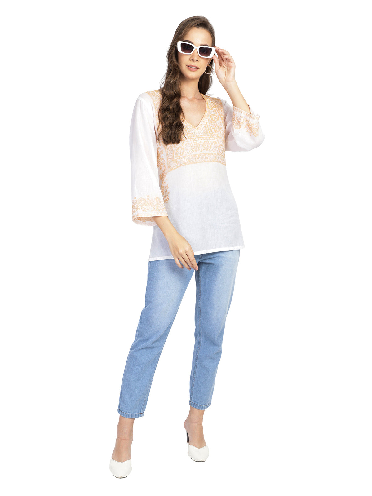 Embroidered white semi-sheer cotton tunic