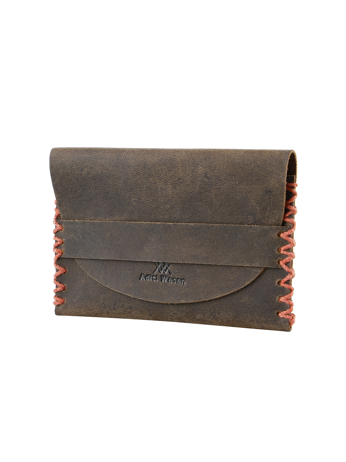 Genunie Leather Cardholder with Detailed Red Stiching Holds up to 15 Cards - Brown
