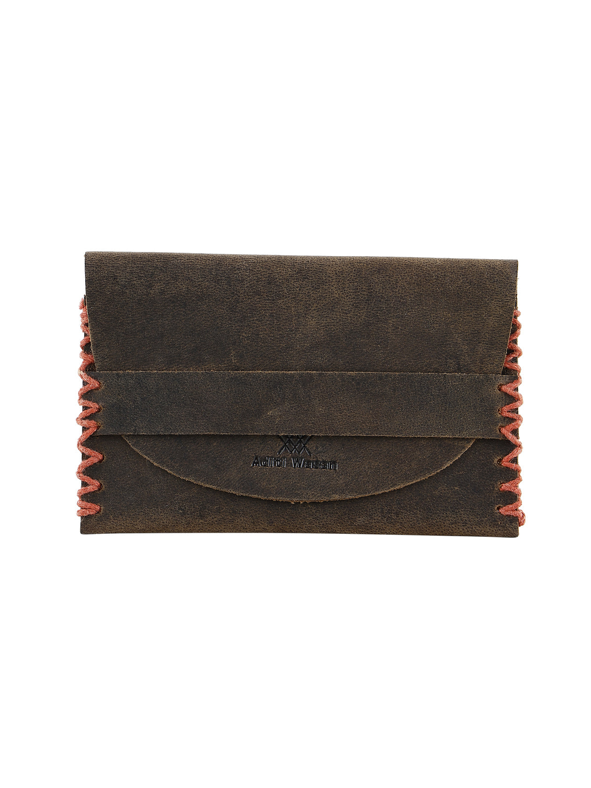 Genunie Leather Cardholder with Detailed Red Stiching Holds up to 15 Cards - Brown
