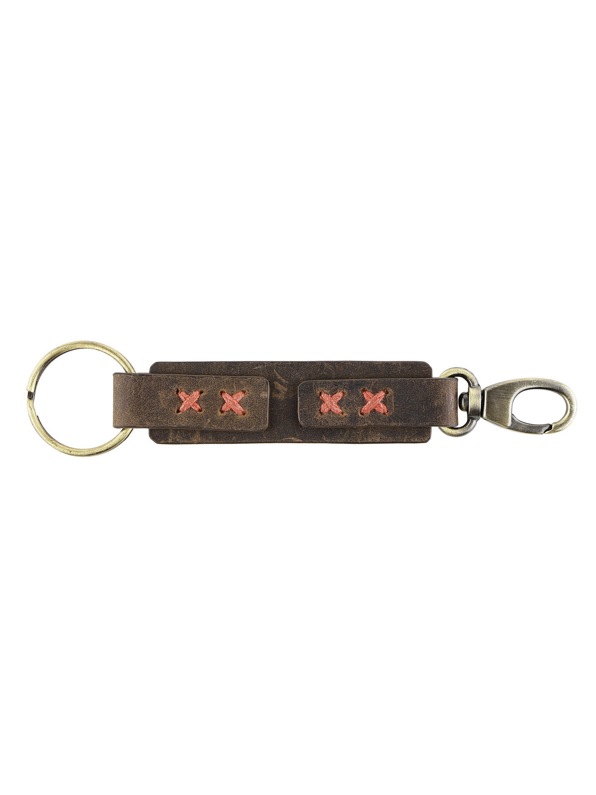 Genuine Leather Keyring with Red Hand Stitched Detailing - Brown