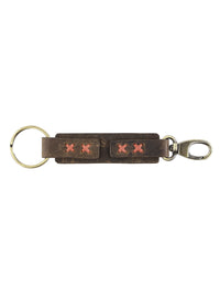 Genuine Leather Keyring with Red Hand Stitched Detailing - Brown