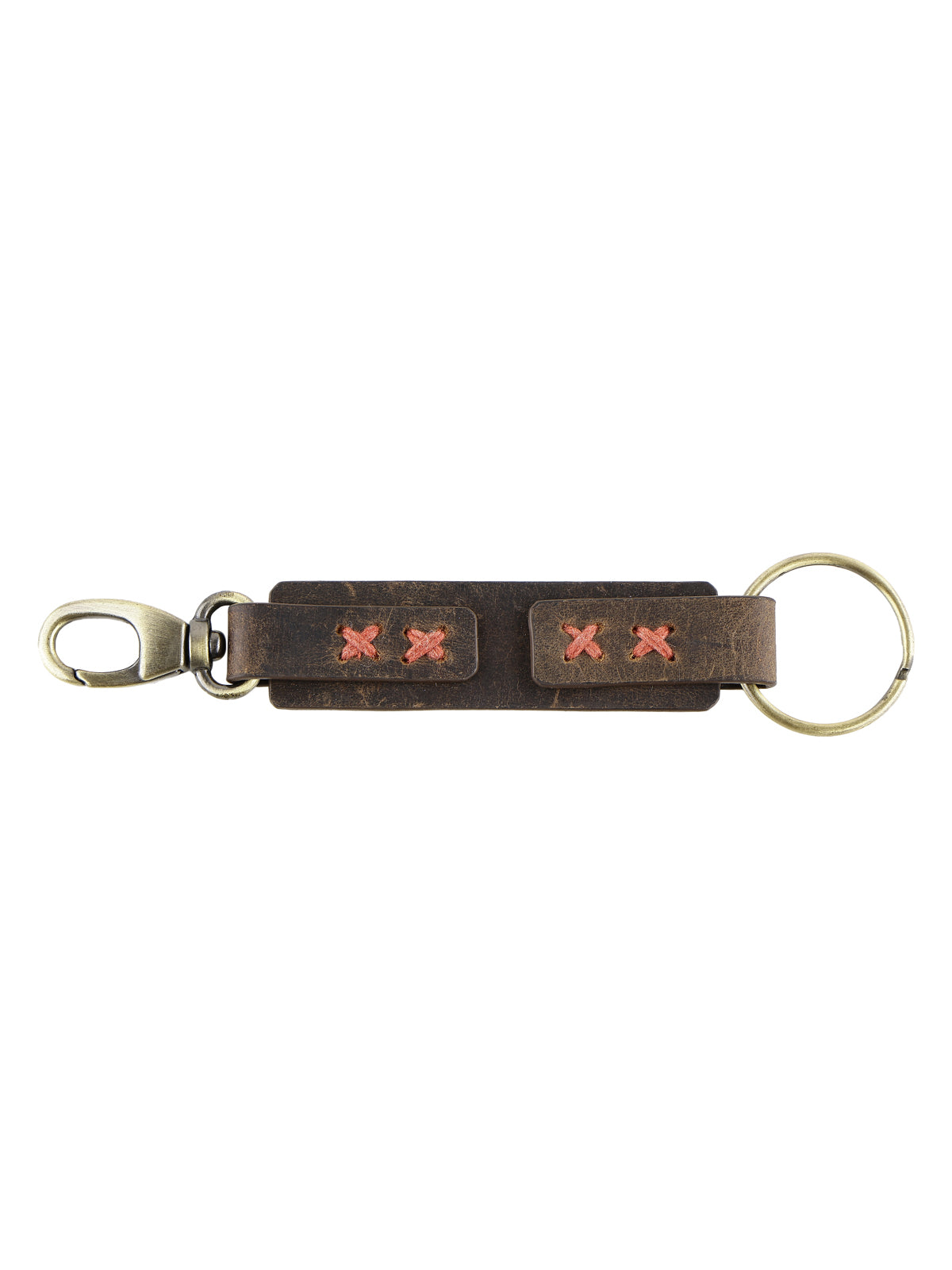 Genuine Leather Keyring with Red Hand Stitched Detailing - Brown
