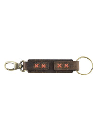 Genuine Leather Keyring with Red Hand Stitched Detailing - Brown