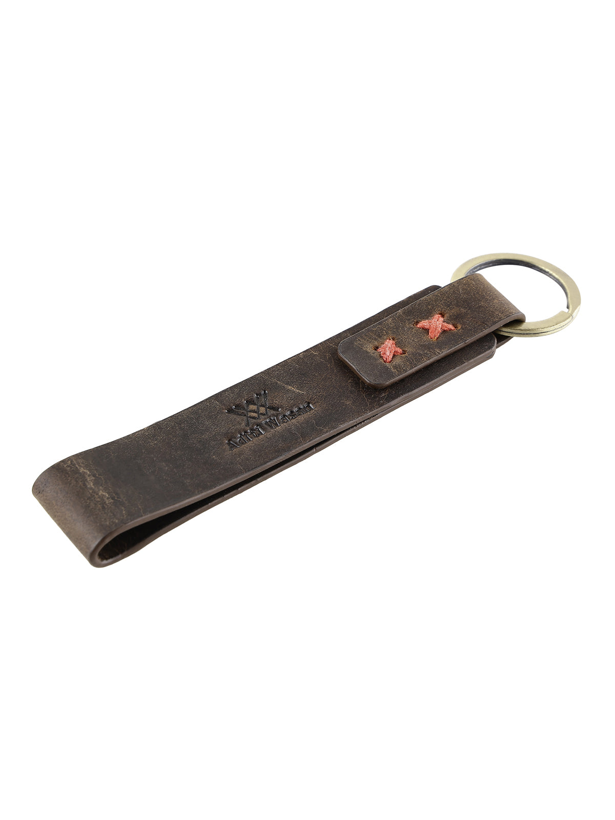 Genunie Leather Keyring With Red Stiched Detailing - Brown