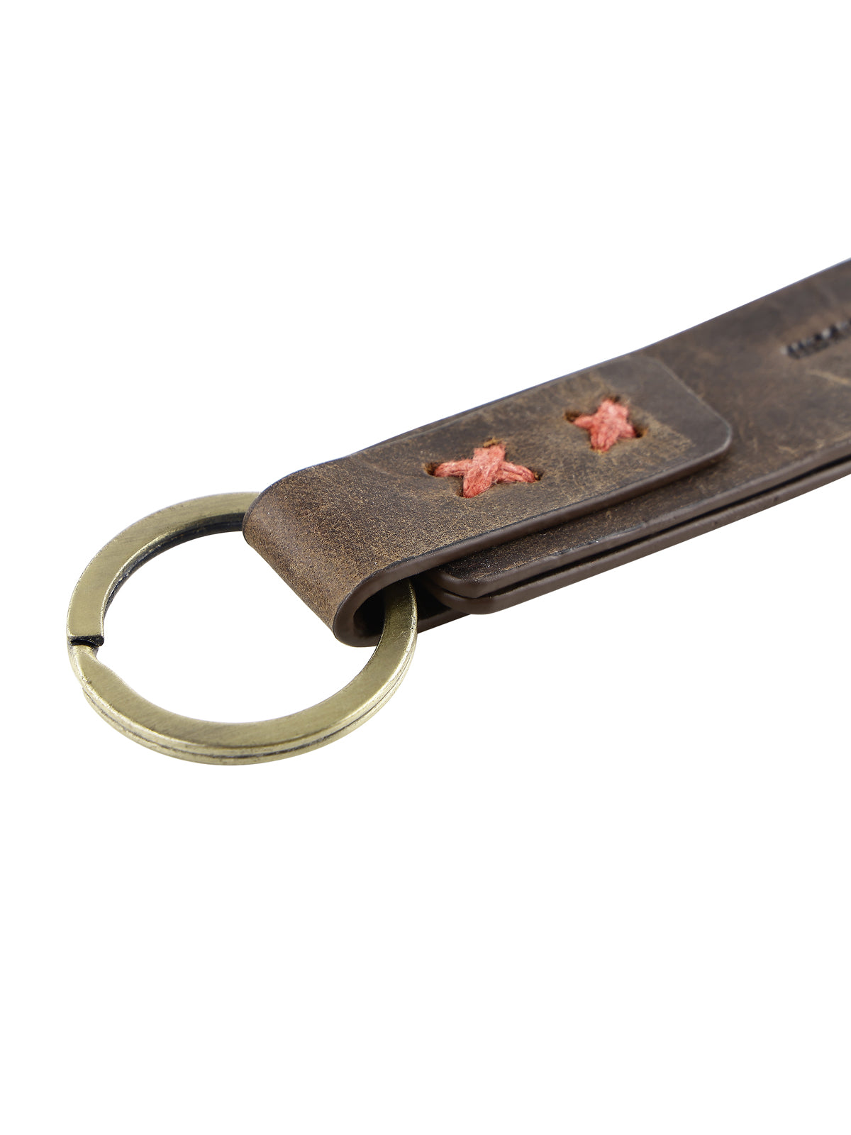 Genunie Leather Keyring With Red Stiched Detailing - Brown