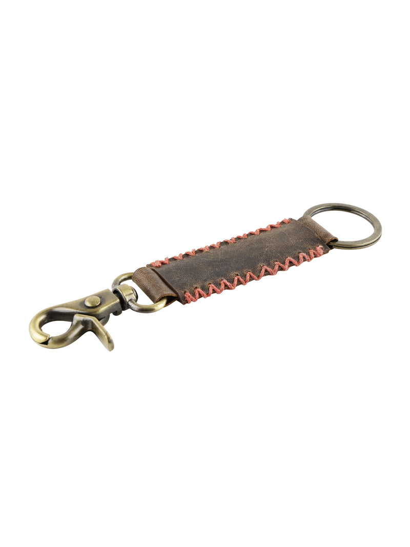 Genunie Leather Keyring with Red Stiched Detailing and Hook for Men & Women - Brown