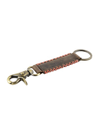 Genunie Leather Keyring with Red Stiched Detailing and Hook for Men & Women - Brown