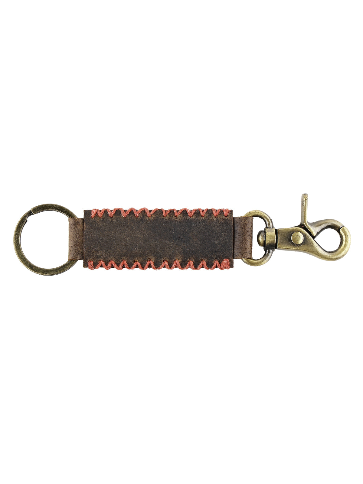 Genunie Leather Keyring with Red Stiched Detailing and Hook for Men & Women - Brown