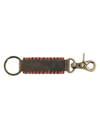 Genunie Leather Keyring with Red Stiched Detailing and Hook for Men & Women - Brown