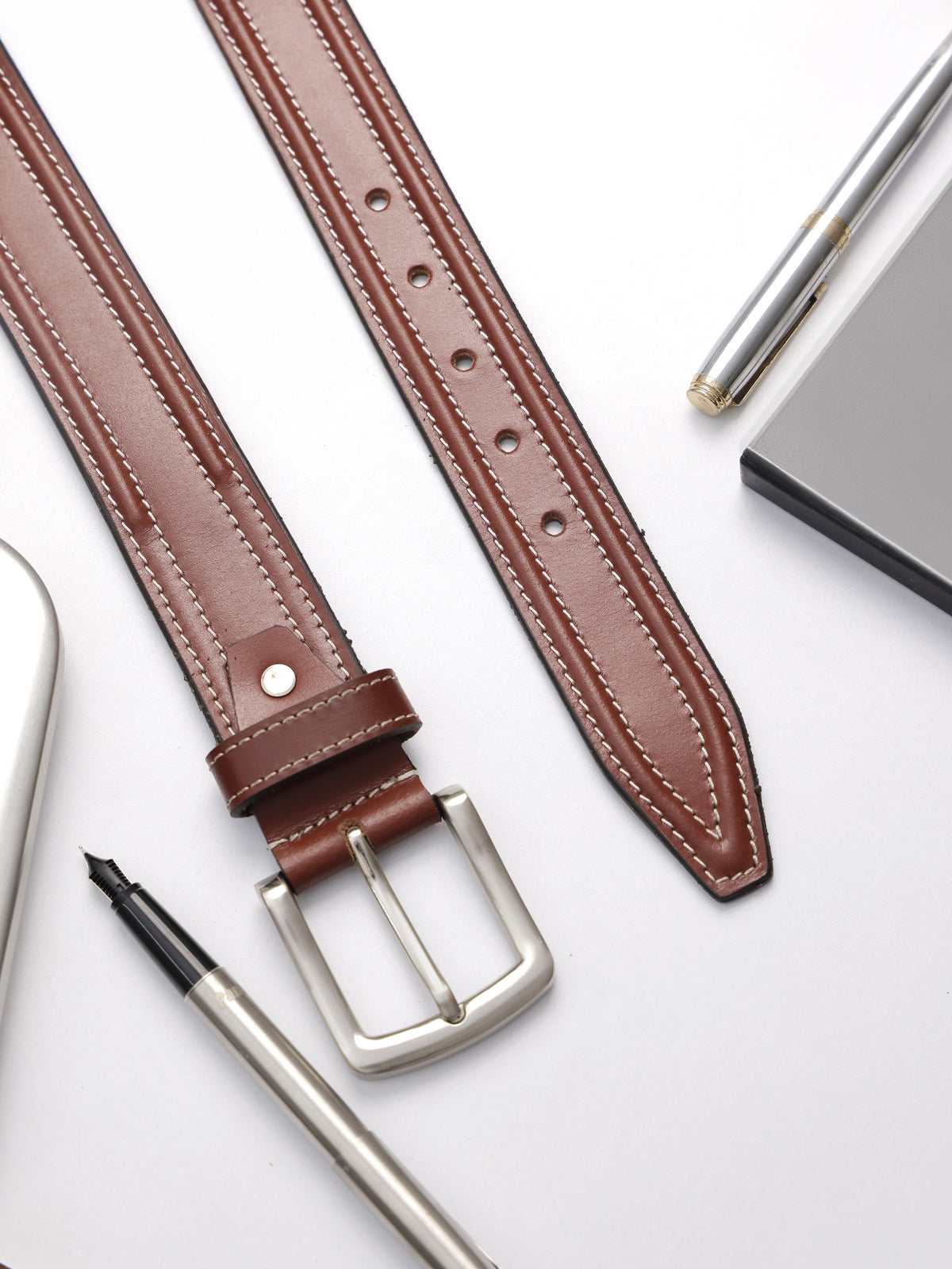 Brown Double Stitching Leather Men's Belt
