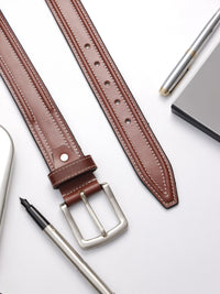 Brown Double Stitching Leather Men's Belt