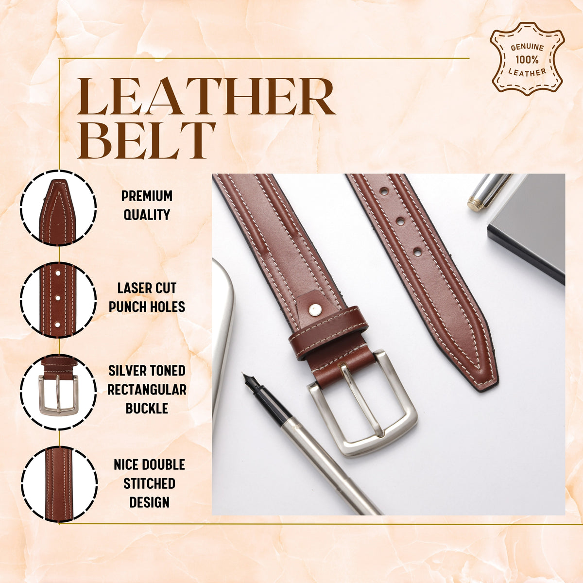 Brown Double Stitching Leather Men's Belt