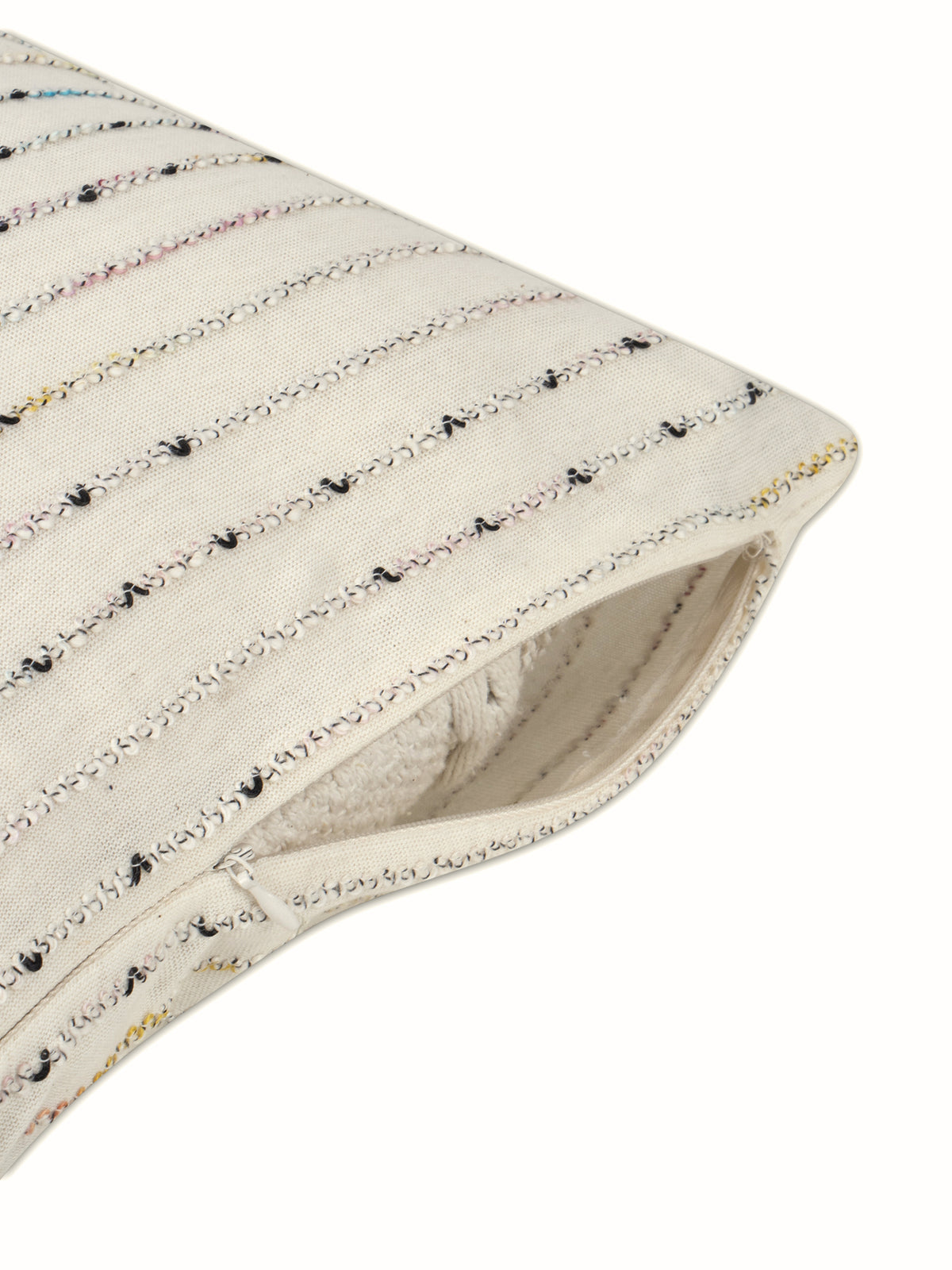 White cotton knit with multicolor yarn work cushion cover