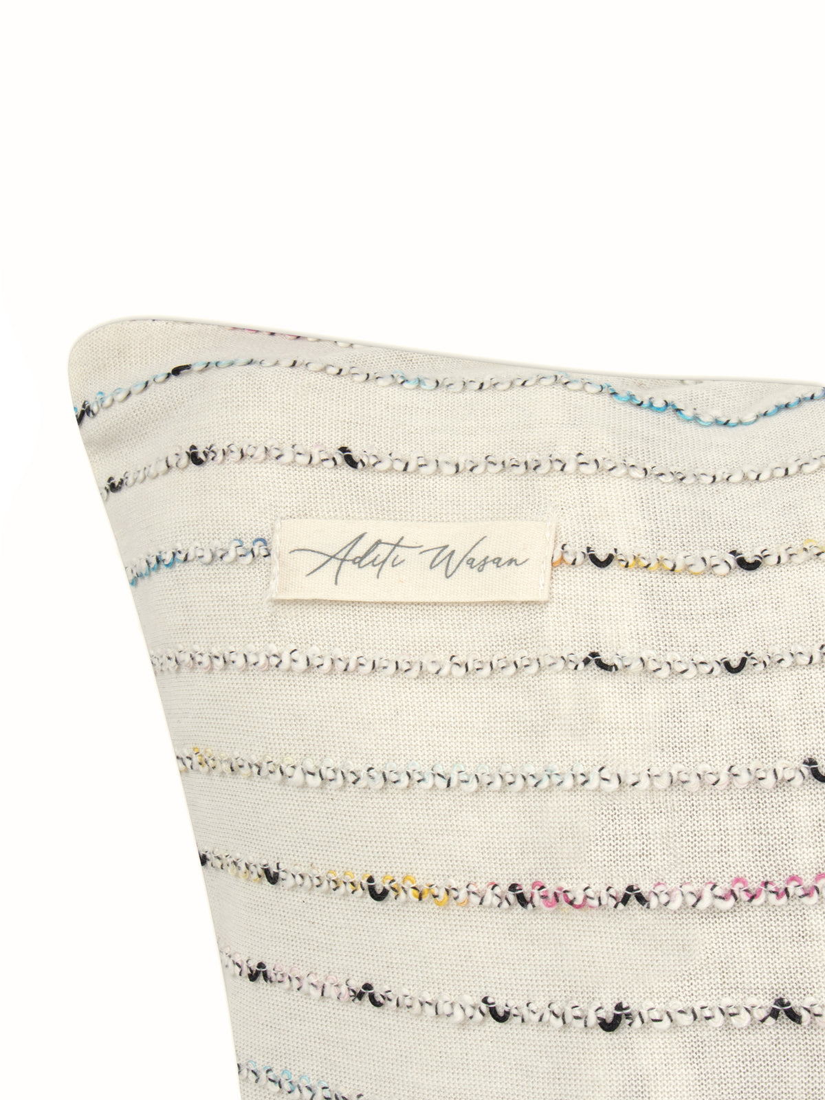 White cotton knit with multicolor yarn work cushion cover