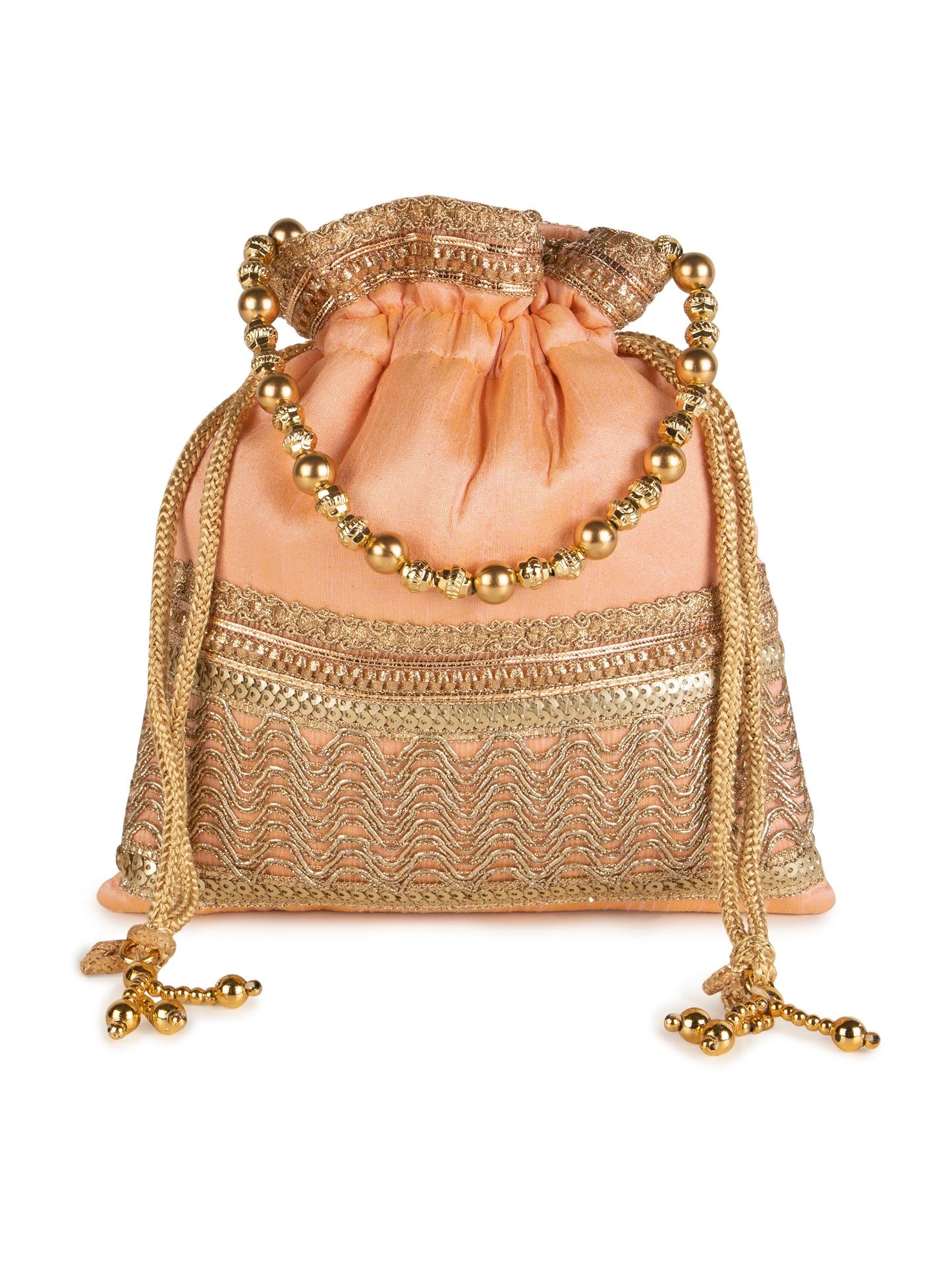 Peach color square poly silk potli bag