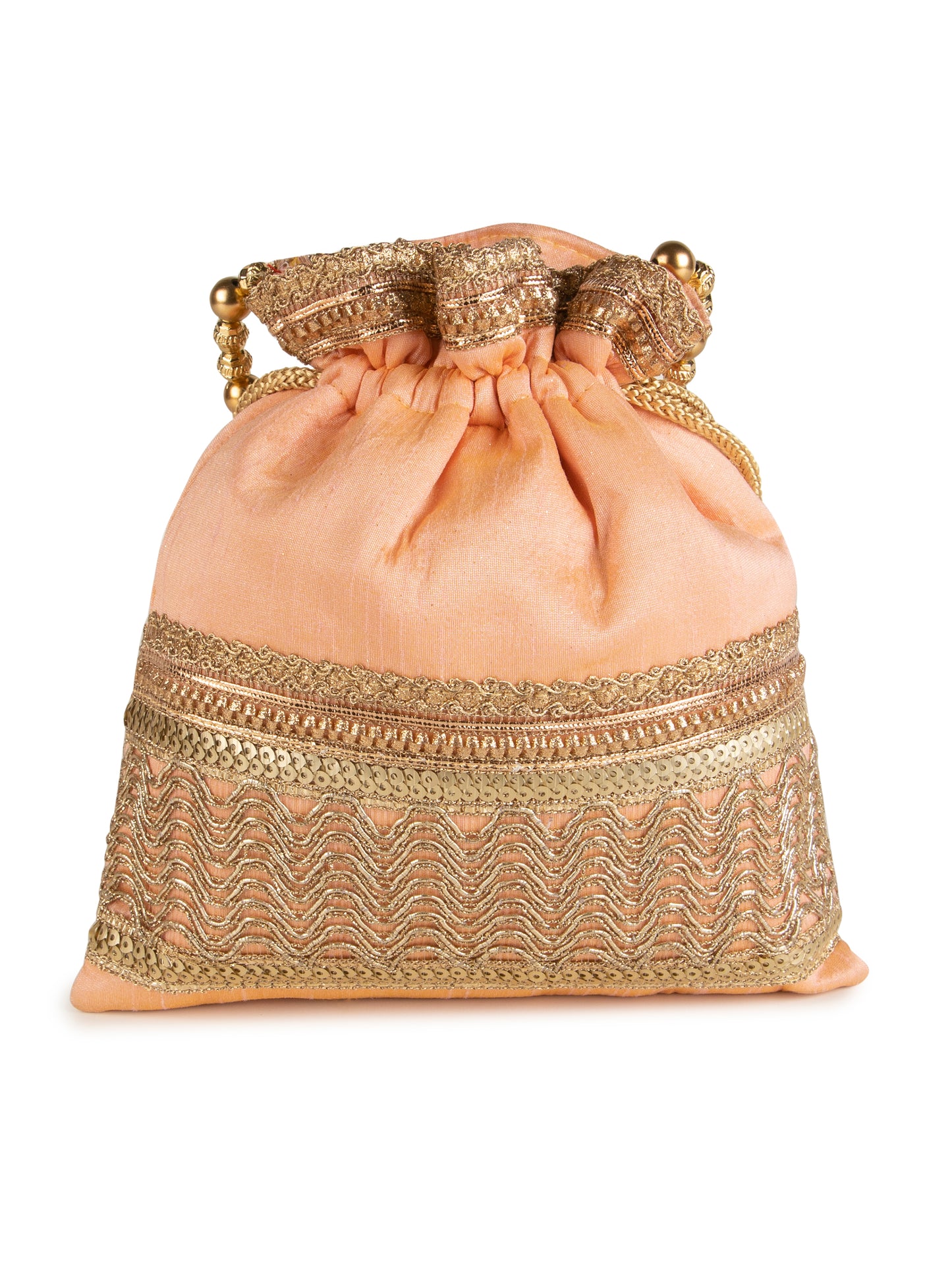 Peach color square poly silk potli bag