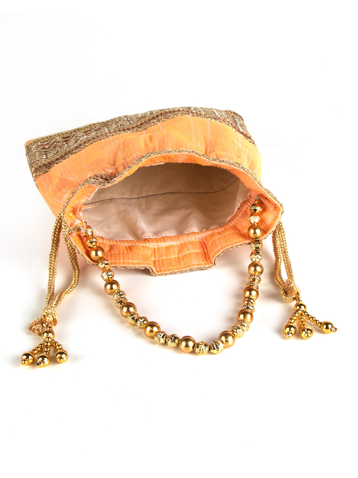 Peach color square poly silk potli bag