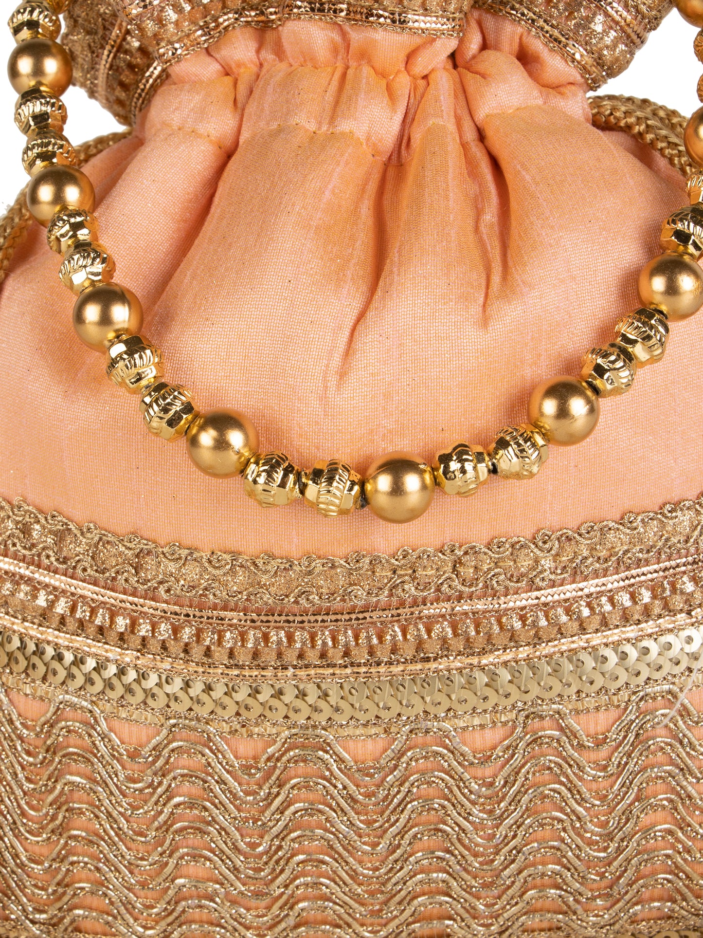 Peach color square poly silk potli bag