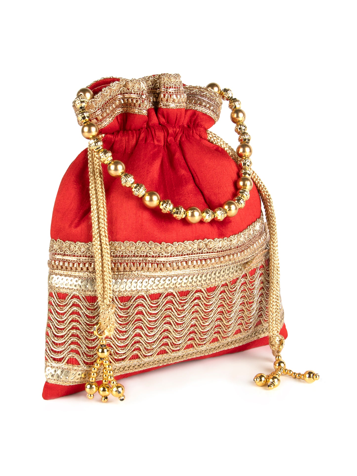 Red square poly silk potli bag