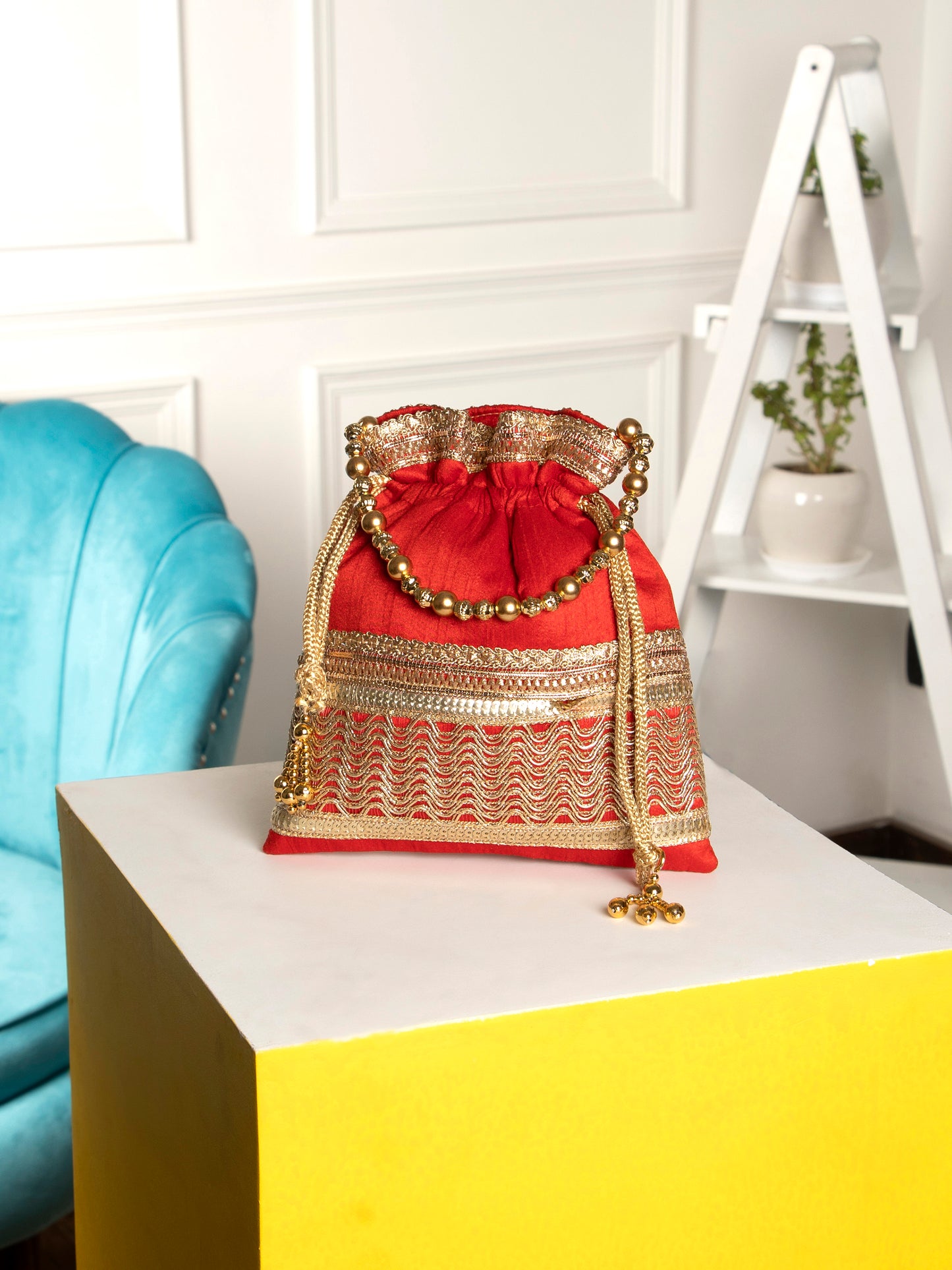 Red square poly silk potli bag