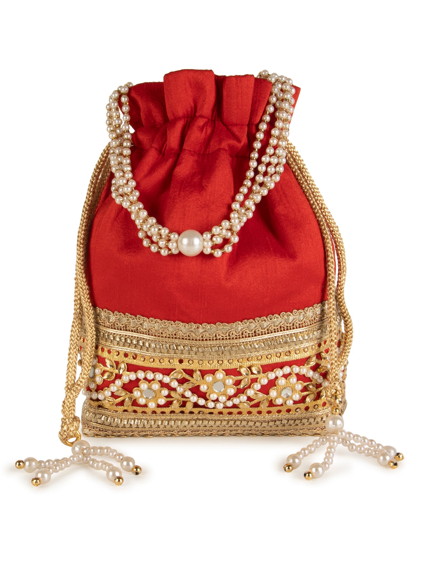 Red embellished poly silk potli bag