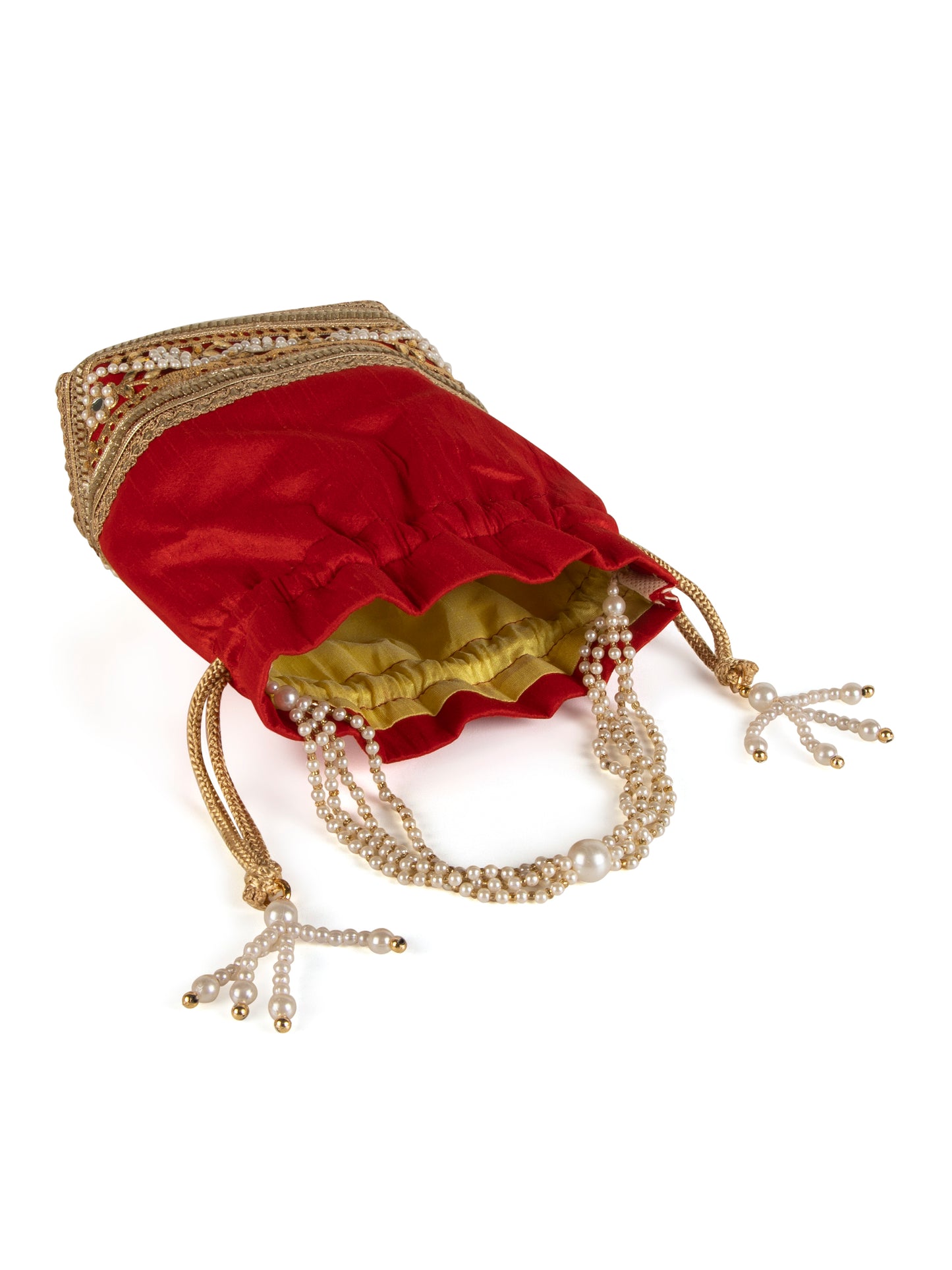 Red embellished poly silk potli bag