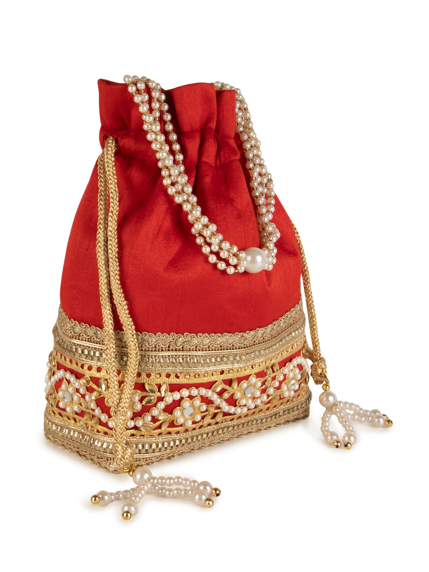Red embellished poly silk potli bag